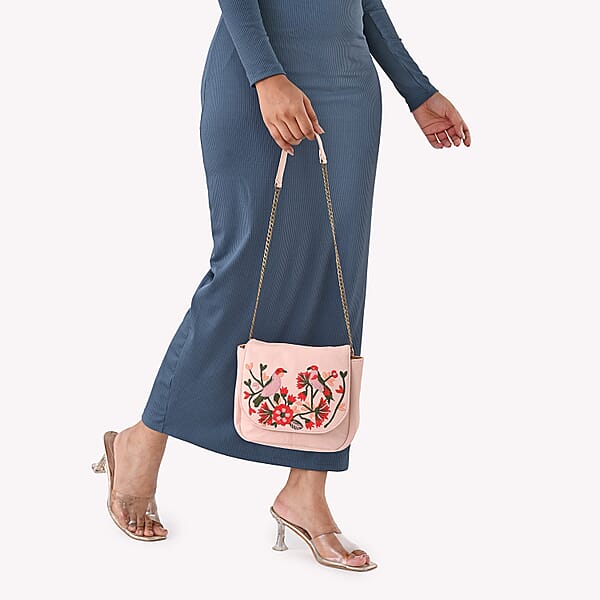 Shop Lc La Marey Light Pink Genuine Leather Sling Bag With Floral Embroidered Flap
