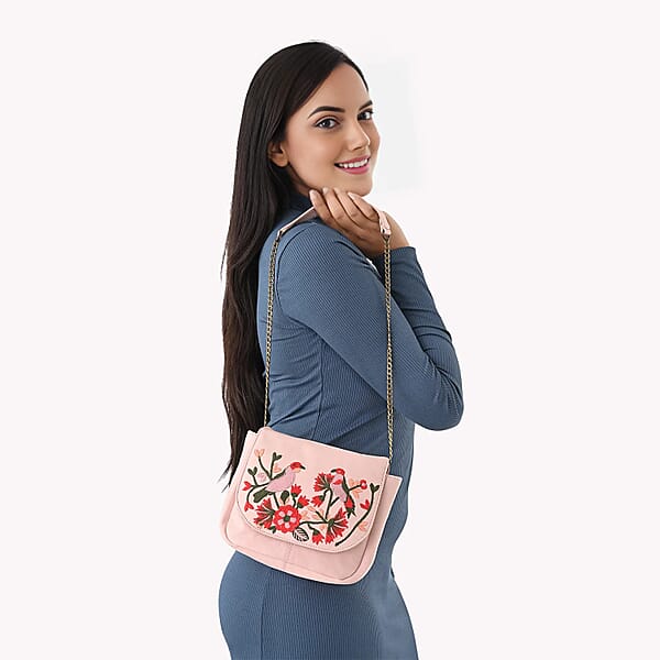 Shop Lc La Marey Light Pink Genuine Leather Sling Bag With Floral Embroidered Flap