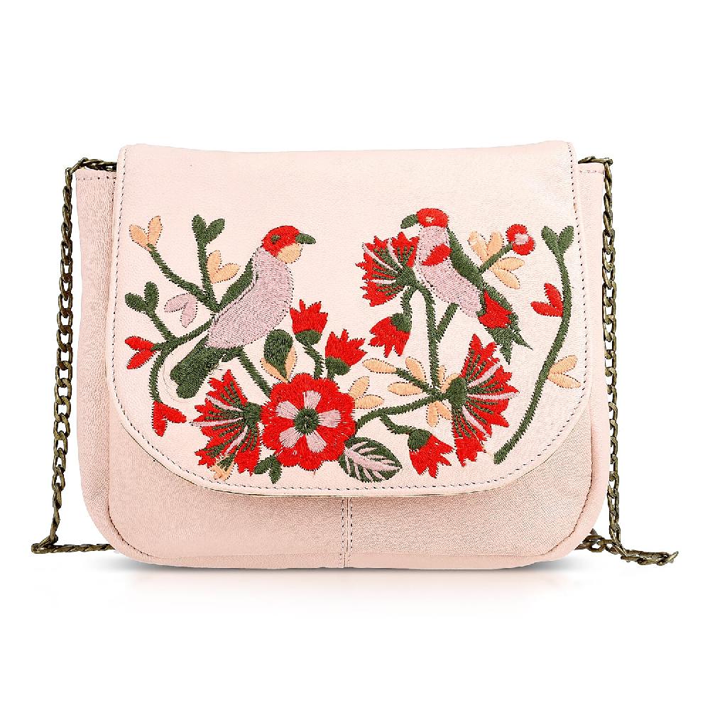 shop lc La Marey Light Pink Genuine Leather Sling Bag with Floral Embroidered Flap