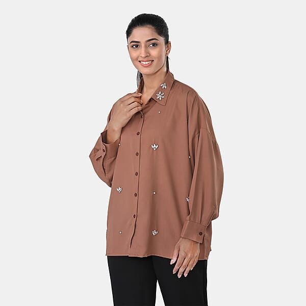 Shop Lc La Marey Mocha 3/4 Sleeve Blouse With Hand Sewn Jewels - One Size Fits Most