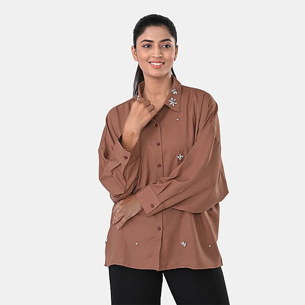 Shop Lc La Marey Mocha 3/4 Sleeve Blouse With Hand Sewn Jewels - One Size Fits Most