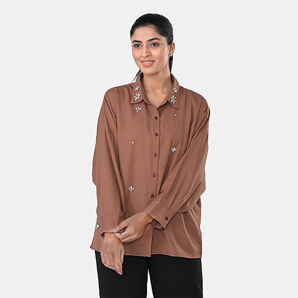 Shop Lc La Marey Mocha 3/4 Sleeve Blouse With Hand Sewn Jewels - One Size Fits Most