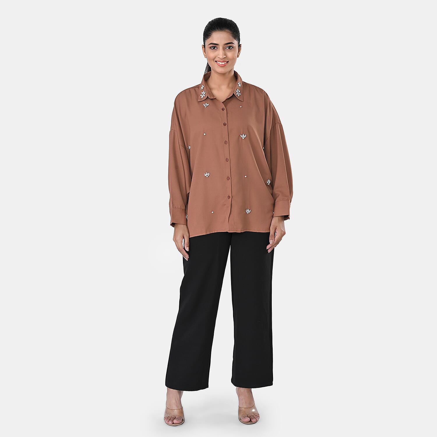 shop lc La Marey Mocha 3/4 Sleeve Blouse with Hand Sewn Jewels - One Size Fits Most
