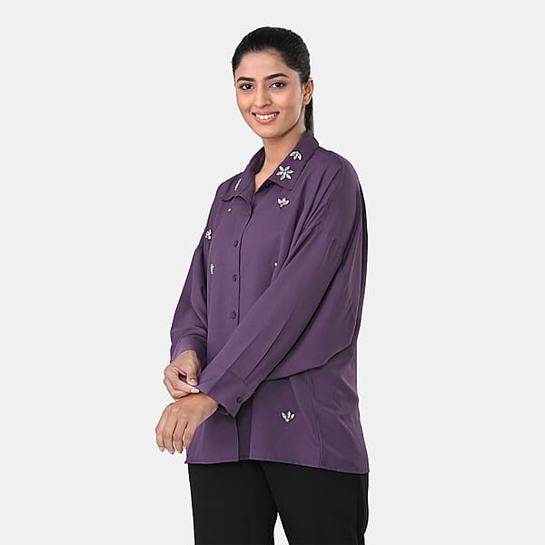 Shop Lc La Marey Purple 3/4 Sleeve Blouse With Hand Sewn Jewels - One Size Fits Most