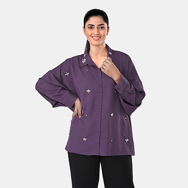 Shop Lc La Marey Purple 3/4 Sleeve Blouse With Hand Sewn Jewels - One Size Fits Most