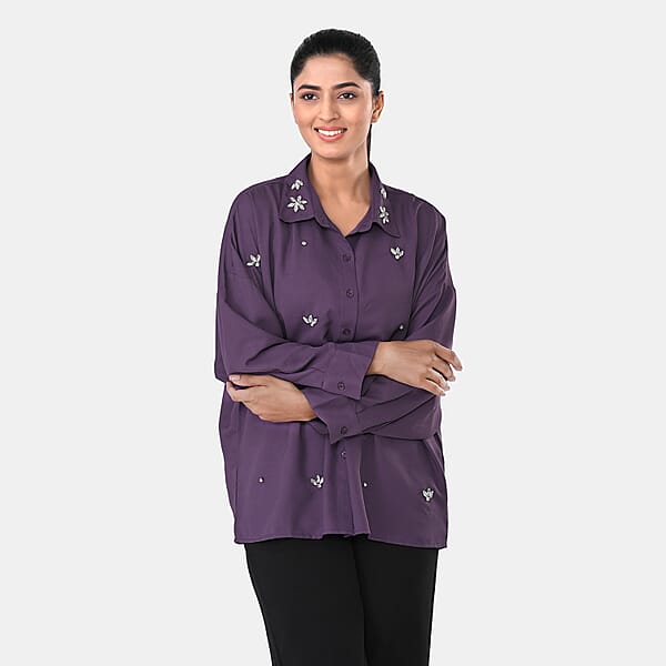 Shop Lc La Marey Purple 3/4 Sleeve Blouse With Hand Sewn Jewels - One Size Fits Most