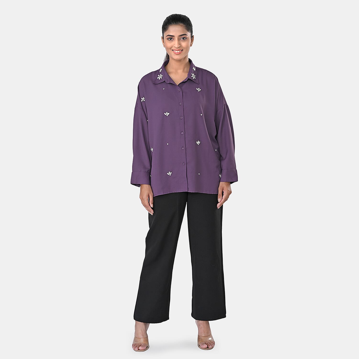 shop lc La Marey Purple 3/4 Sleeve Blouse with Hand Sewn Jewels - One Size Fits Most