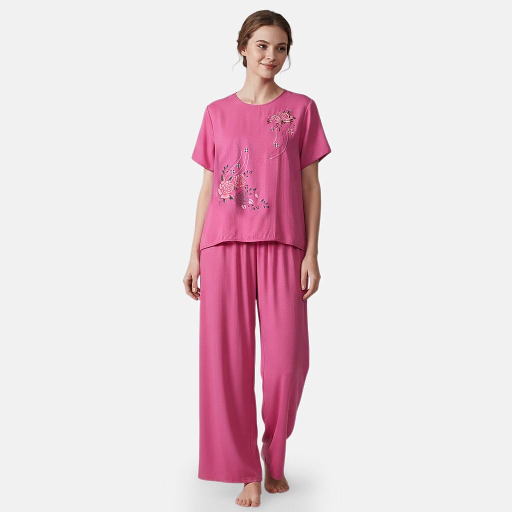 shop lc La Marey Rose Floral Short Sleeve Top and Wide Leg Pants - One Size Fits Most