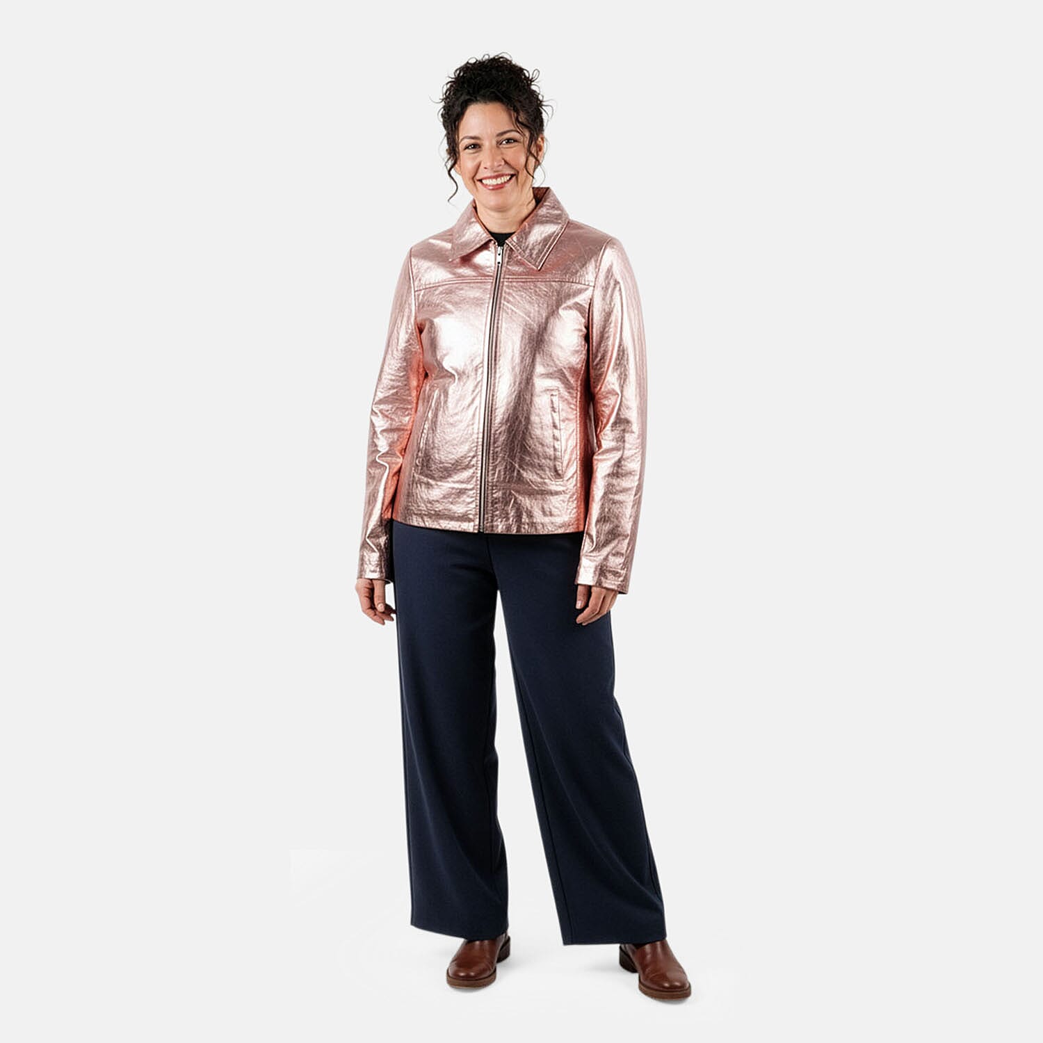 shop lc La Marey Rose Gold Metallic Genuine Leather Women's Jacket with Collar and Zip Front Closure - S