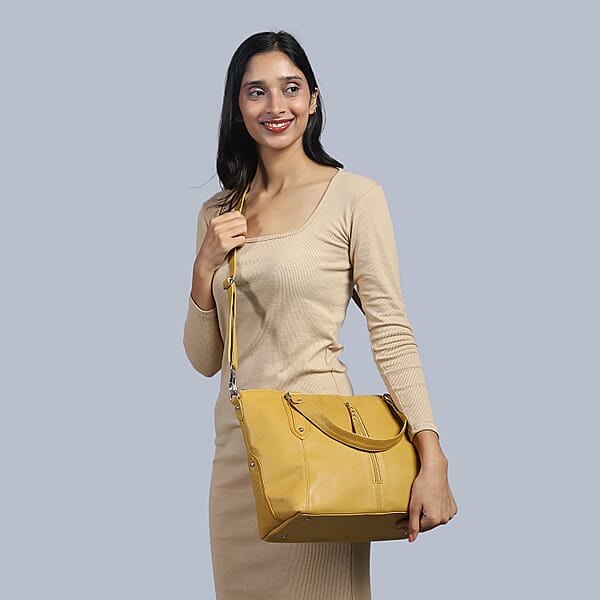 Shop Lc La Marey Tan Genuine Leather Front Zipper Tote Bag