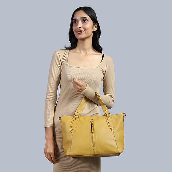 Shop Lc La Marey Tan Genuine Leather Front Zipper Tote Bag