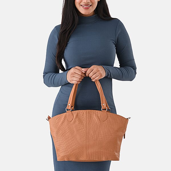 Shop Lc La Marey Tan Genuine Leather Tote Bag With Front Two Zip Pocket
