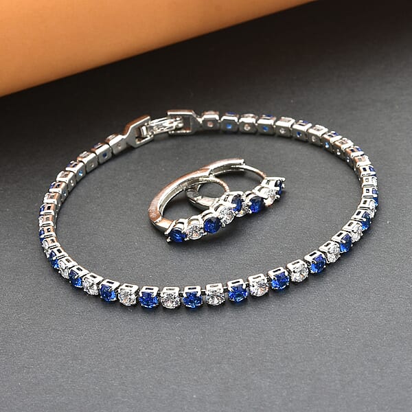 Shop Lc Lab Created Blue Sapphire And Simulated Diamond Tennis Bracelet (7.00 In) And Huggie Earrings In Silvertone