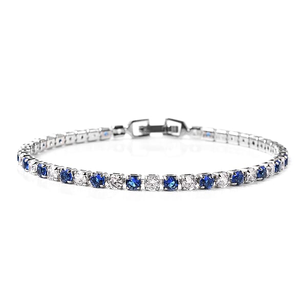 Shop Lc Lab Created Blue Sapphire And Simulated Diamond Tennis Bracelet (7.00 In) And Huggie Earrings In Silvertone