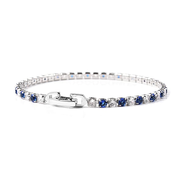Shop Lc Lab Created Blue Sapphire And Simulated Diamond Tennis Bracelet (7.00 In) And Huggie Earrings In Silvertone