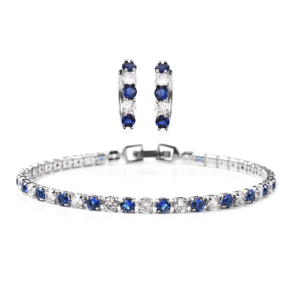 shop lc Lab Created Blue Sapphire and Simulated Diamond Tennis Bracelet (7.00 In) and Huggie Earrings in Silvertone
