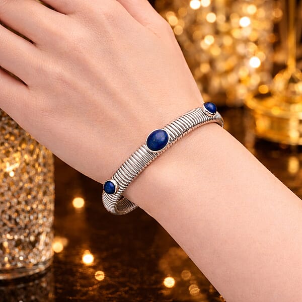Shop Lc Lapis Lazuli 1.80 Ctw Cuff Bangle Bracelet In Stainless Steel (7-7.5In)