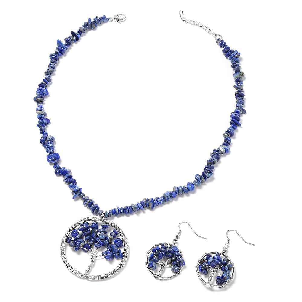 shop lc Lapis Lazuli 271.00 ctw Family Tree of Life Earrings and Pendant Necklace in Stainless Steel 18-20 Inches