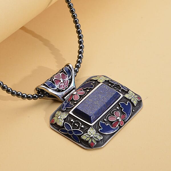 Shop Lc Lapis Lazuli Bead Pendant Necklace In Stainless Steel Enameled Pendant With Bead Necklace 60.25 Ctw (18 Inches)