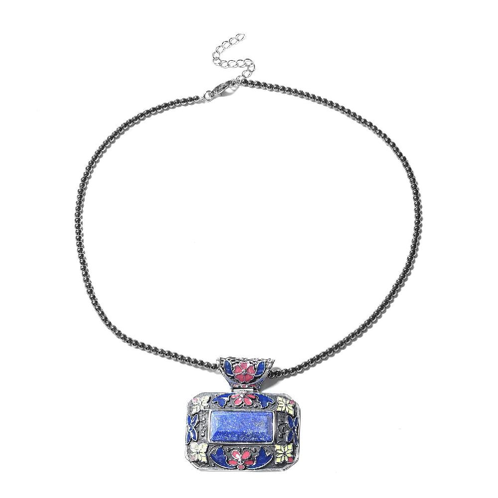 shop lc Lapis Lazuli Bead Pendant Necklace in Stainless Steel Enameled Pendant With Bead Necklace 60.25 ctw (18 Inches)