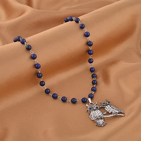 Shop Lc Lapis Lazuli White And Black Austrian Crystal 90.00 Ctw Owl Couple Necklace In Silvertone 18-20 Inches