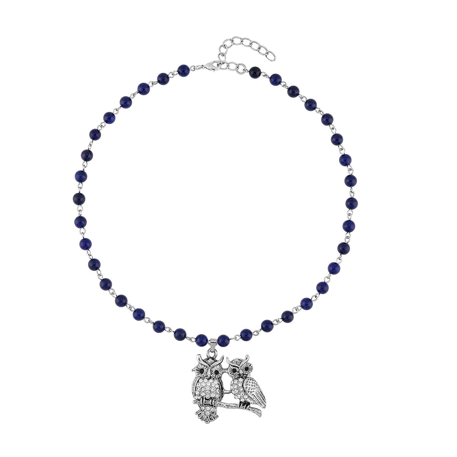 shop lc Lapis Lazuli White and Black Austrian Crystal 90.00 ctw Owl Couple Necklace in Silvertone 18-20 Inches