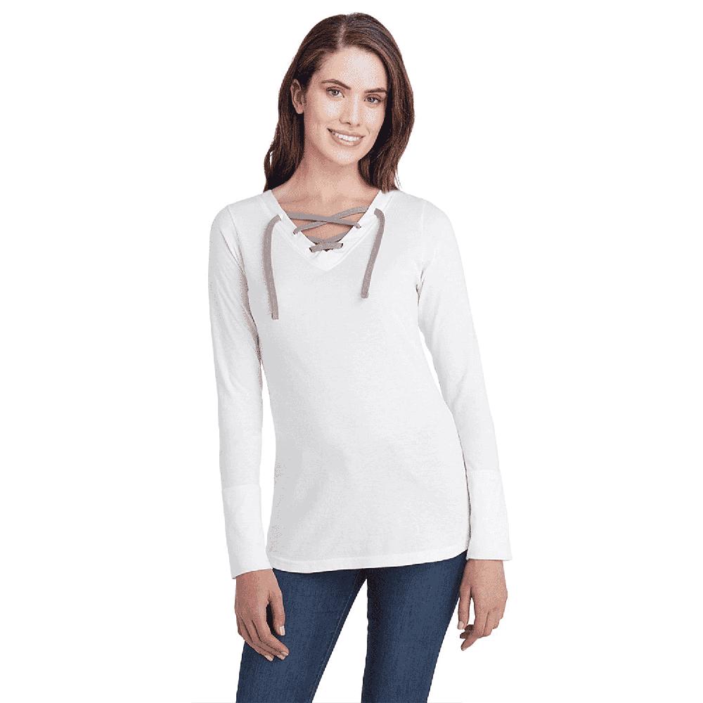 shop lc LAT White Long Sleeve Lace-Up Cotton Blend Fine Jersey Tee - M