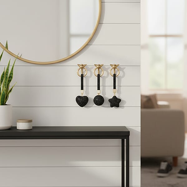 Shop Lc Livmore Black Glass And Crystal 3-piece Set Heart Star And Ball Keychain In Goldtone