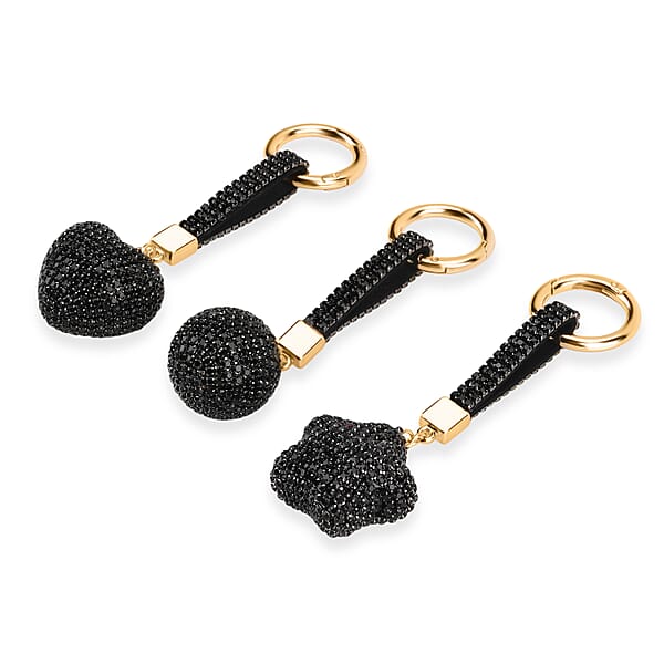 Shop Lc Livmore Black Glass And Crystal 3-piece Set Heart Star And Ball Keychain In Goldtone