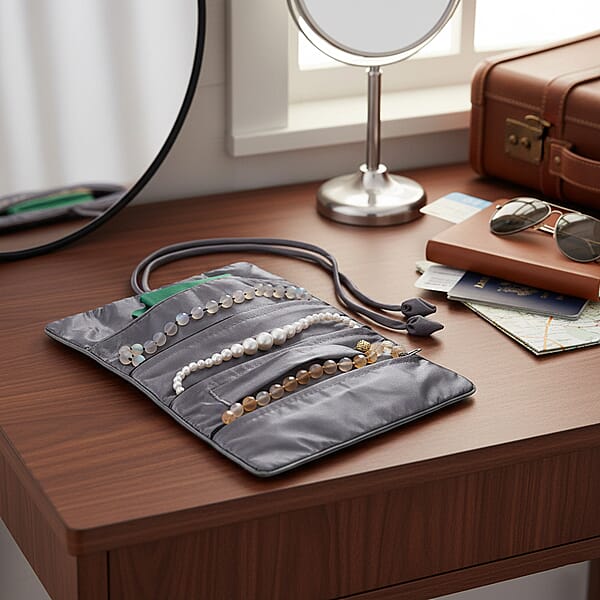 Shop Lc Livmore Gray Floral Embroidery Pattern Satin Travel Jewelry Roll Organizer