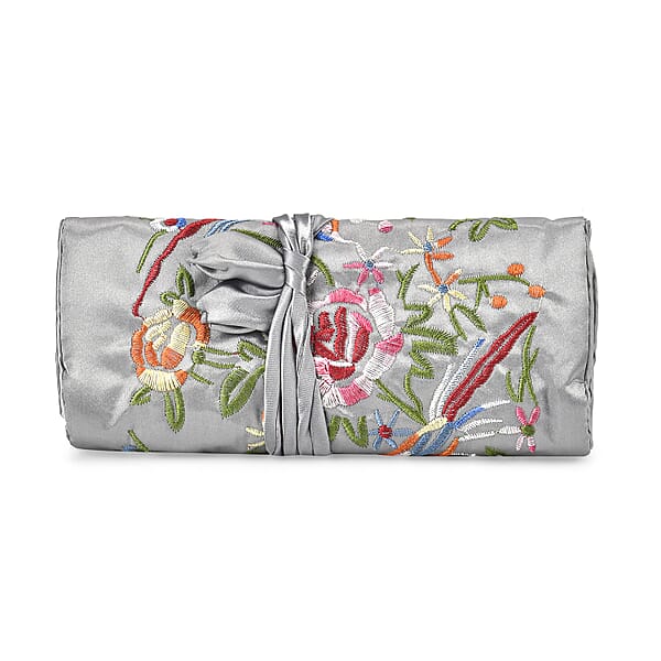 Shop Lc Livmore Gray Floral Embroidery Pattern Satin Travel Jewelry Roll Organizer