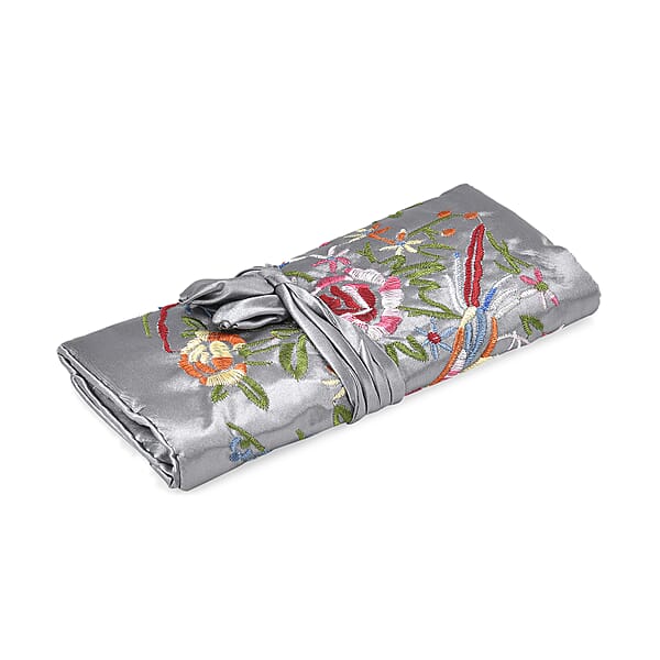 Shop Lc Livmore Gray Floral Embroidery Pattern Satin Travel Jewelry Roll Organizer