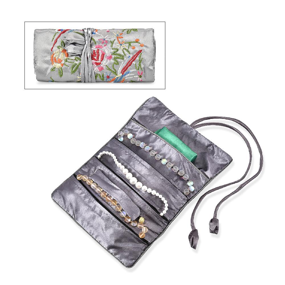 shop lc Livmore Gray Floral Embroidery Pattern Satin Travel Jewelry Roll Organizer