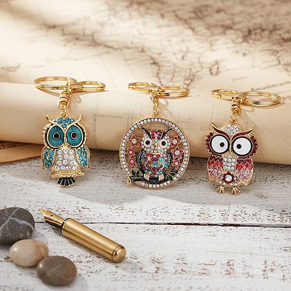Shop Lc Livmore Multi Color Glass And Crystal 3-piece Set Owl Keychain