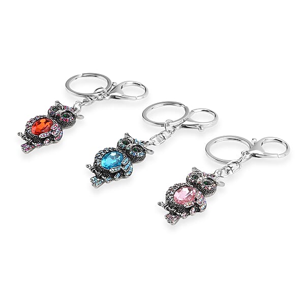 Shop Lc Livmore Multi Color Glass And Crystal Set Of 3 Owl Keychain In Goldtone