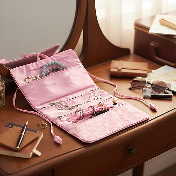 Shop Lc Livmore Pink Floral Embroidery Pattern Satin Travel Jewelry Roll Organizer