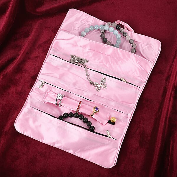 Shop Lc Livmore Pink Floral Embroidery Pattern Satin Travel Jewelry Roll Organizer