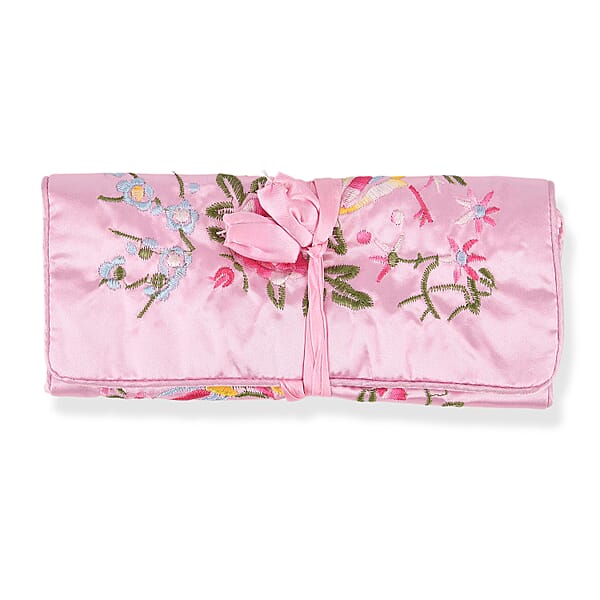 Shop Lc Livmore Pink Floral Embroidery Pattern Satin Travel Jewelry Roll Organizer