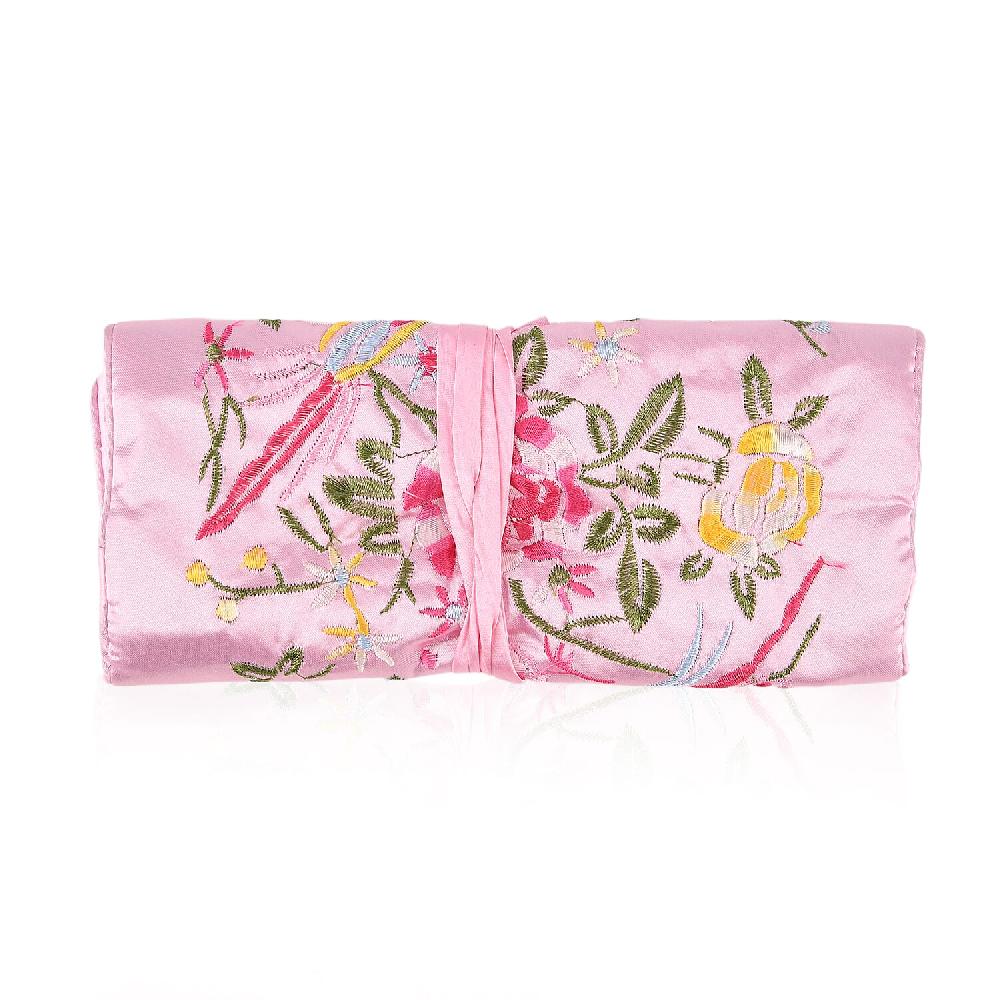 shop lc Livmore Pink Floral Embroidery Pattern Satin Travel Jewelry Roll Organizer