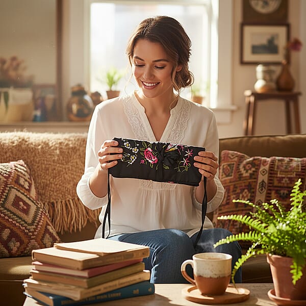 Shop Lc Livmore Royal Black Floral Embroidery Pattern Satin Travel Jewelry Roll Organizer