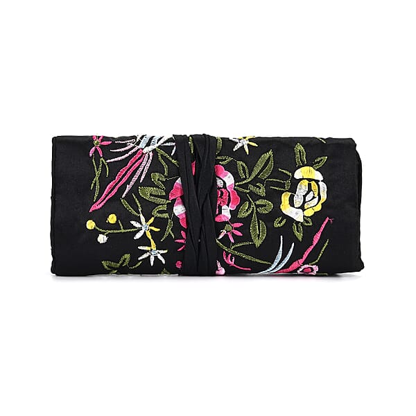 Shop Lc Livmore Royal Black Floral Embroidery Pattern Satin Travel Jewelry Roll Organizer