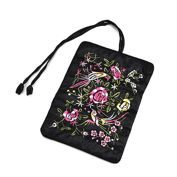 Shop Lc Livmore Royal Black Floral Embroidery Pattern Satin Travel Jewelry Roll Organizer