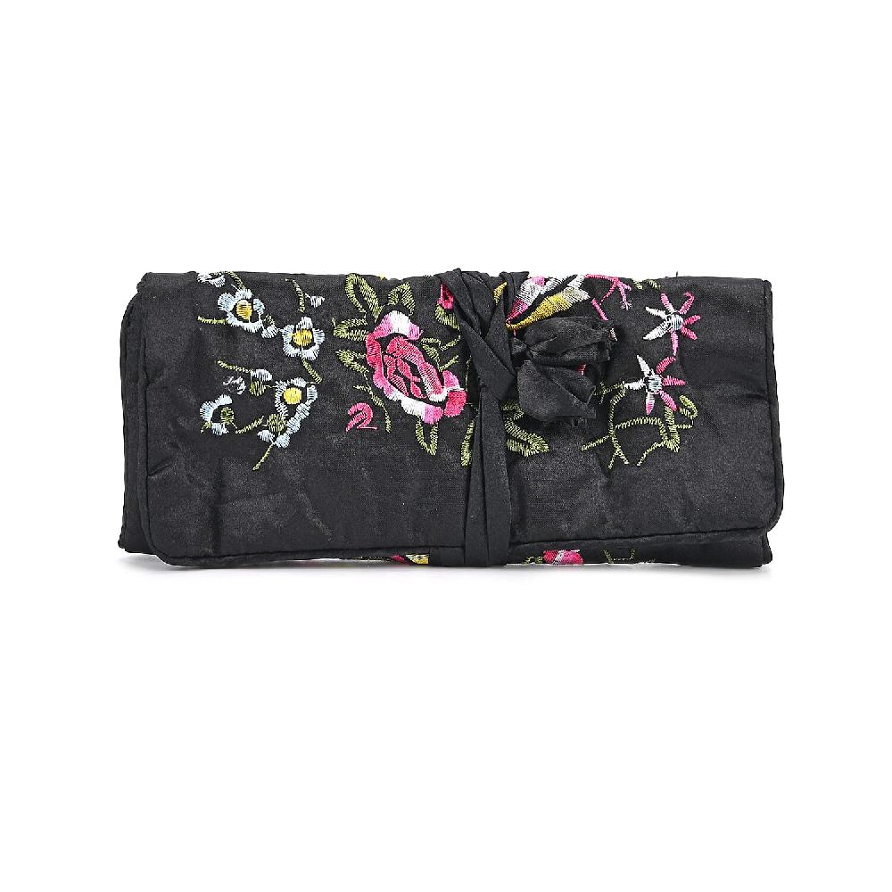 shop lc Livmore Royal Black Floral Embroidery Pattern Satin Travel Jewelry Roll Organizer