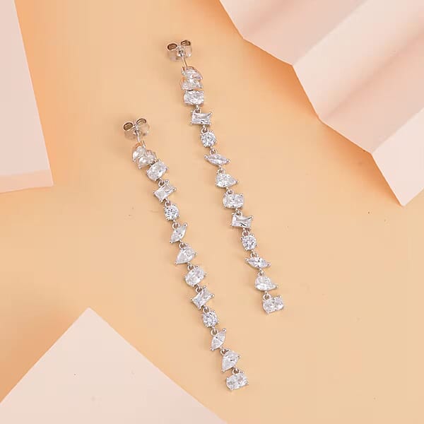 Shop Lc Lustro Stella Finest CZ Earrings In Rhodium Over Sterling Silver Linear Dangle Earrings For Women Gift For Her 13.00 Ctw