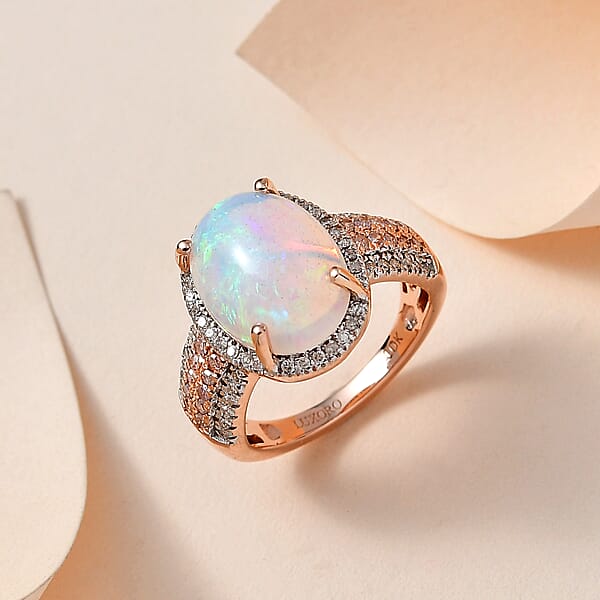 Shop Lc Luxoro 10K Rose Gold AAA Ethiopian Welo Opal I3 Natural Pink And White Diamond Halo Ring 4.65 Grams 4.50 Ctw