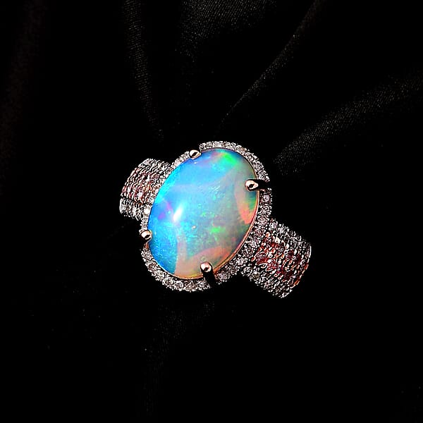 Shop Lc Luxoro 10K Rose Gold AAA Ethiopian Welo Opal I3 Natural Pink And White Diamond Halo Ring 4.65 Grams 4.50 Ctw