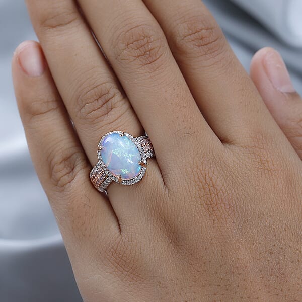 Shop Lc Luxoro 10K Rose Gold AAA Ethiopian Welo Opal I3 Natural Pink And White Diamond Halo Ring 4.65 Grams 4.50 Ctw
