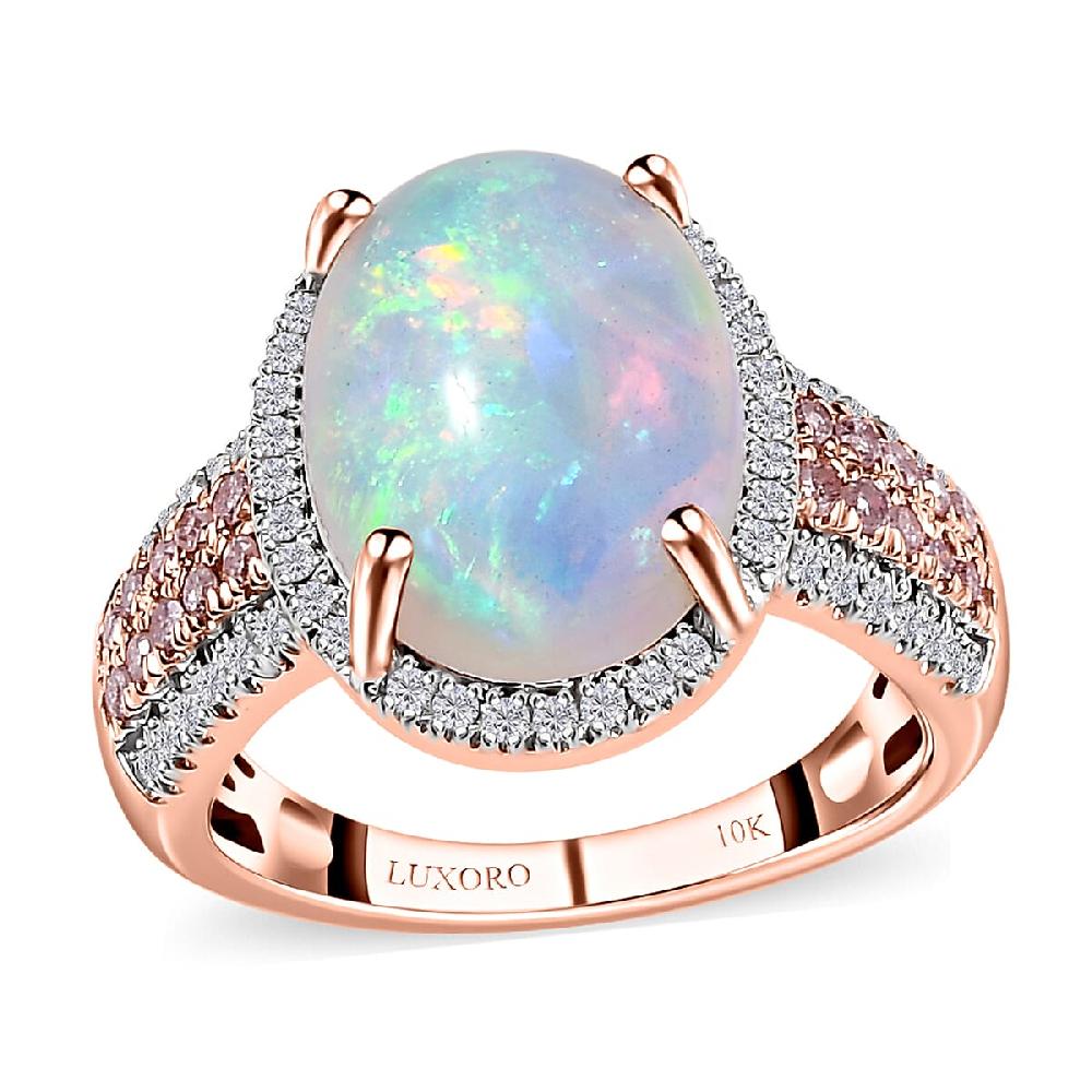 shop lc Luxoro 10K Rose Gold AAA Ethiopian Welo Opal I3 Natural Pink and White Diamond Halo Ring 4.65 Grams 4.50 ctw