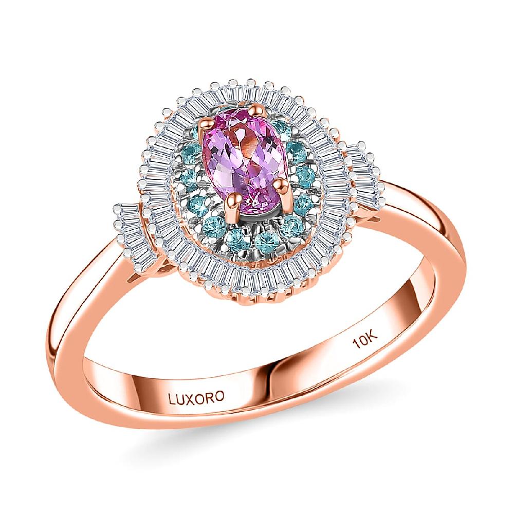 shop lc Luxoro 10K Rose Gold AAA Imperial Topaz Paraiba Tourmaline and Diamond (G-H I2) (0.33 cts) Ring 1.00 ctw