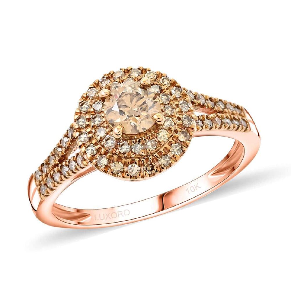 shop lc Luxoro 10K Rose Gold Natural Champagne Diamond Double Halo Ring 1.00 ctw